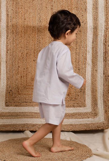 Set Of 2: Light Grey Mul Mul Short Kurta With Light Grey Short